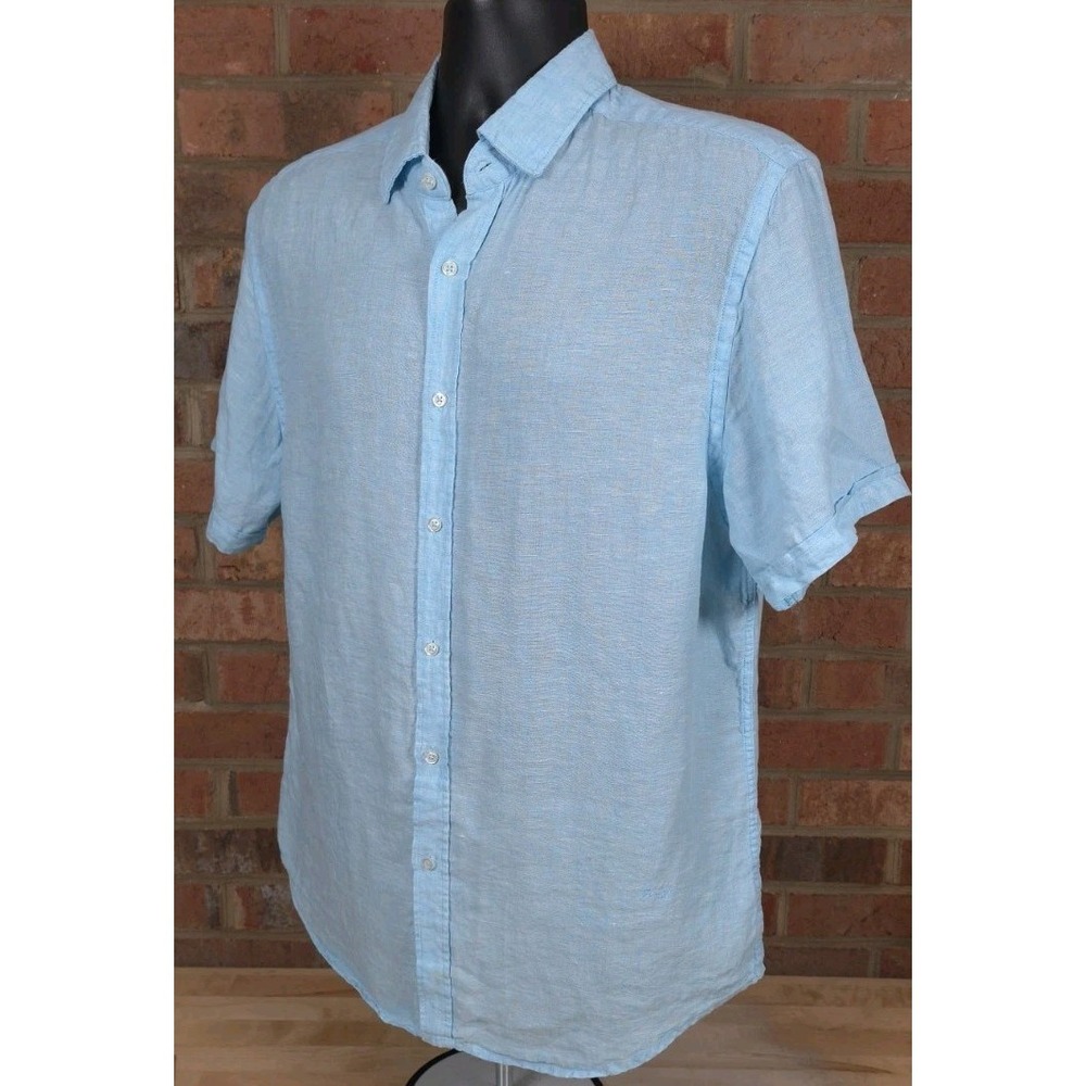 Porter & Ash 100% Linen Button Shirt Mens Size Large Short Sleeve Light Blue